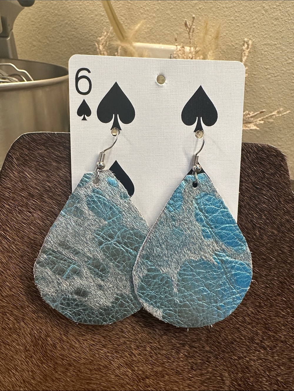 Teardrop Metallic Blue Leather Earrings